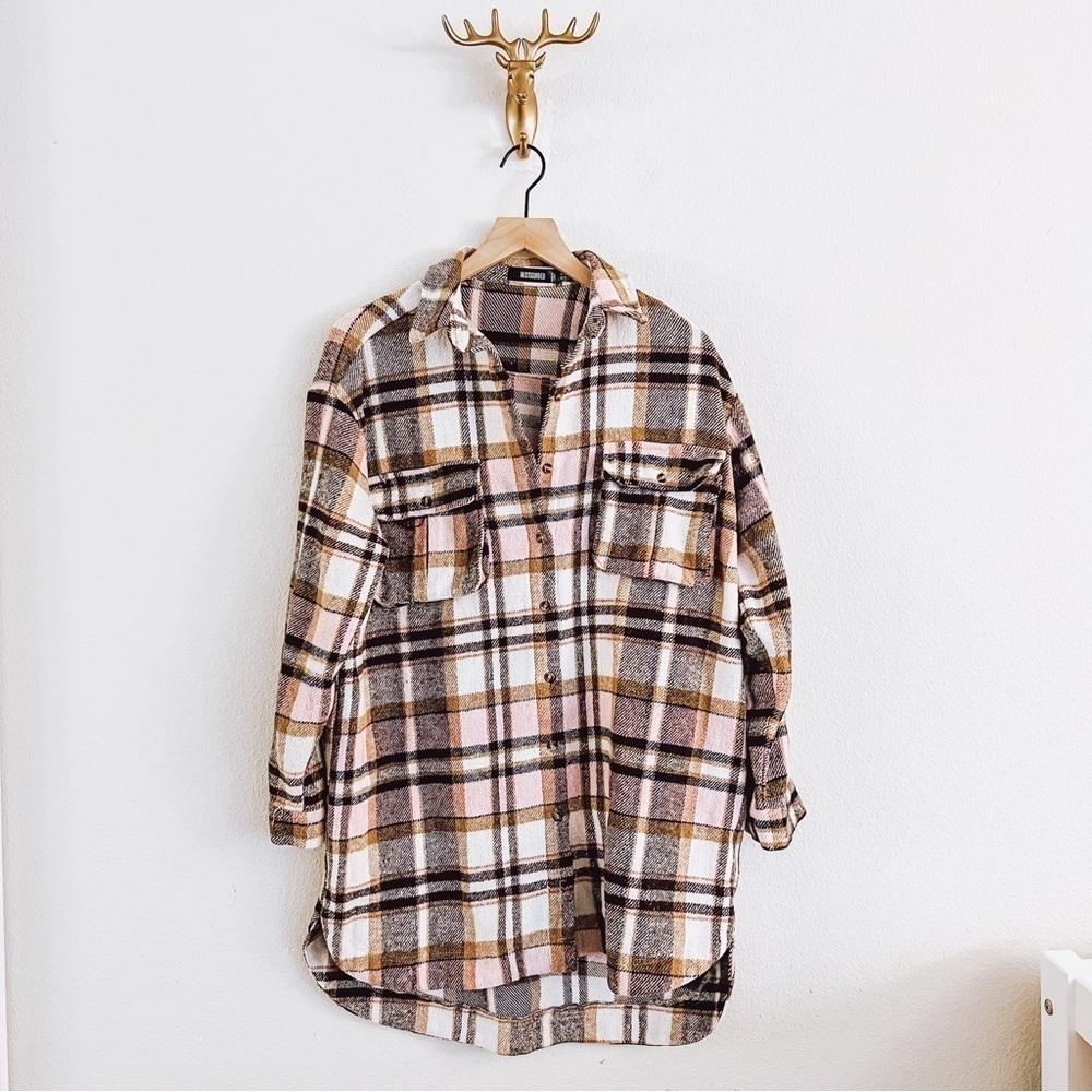 Missguided Women's Cream/Pink/Brown Checkered Button Up Tunic Top Size 6